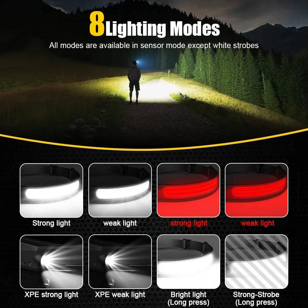 USB Rechargeable LED Sensor Headlamp - XPE + COB Head Torch Flashlight for Camping, Fishing & Outdoor Search Lighting