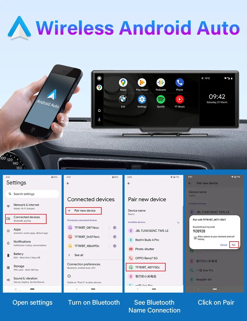 10.26'' 4K Dash Cam Car Mirror Video Player - Wireless CarPlay, Android Auto, GPS, and Rearview Camera Monitor
