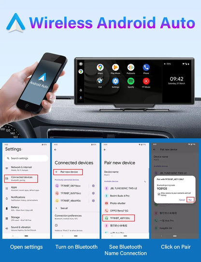 10.26" 4K Dash Cam Car Mirror — Wireless CarPlay Android Auto GPS Multimedia Rearview Camera Dashboard Monitor
