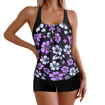 Women’s Floral Tankini Swim Set - Adjustable Strap Vest Top & Drawstring Shorts Bikini Beachwear for Summer