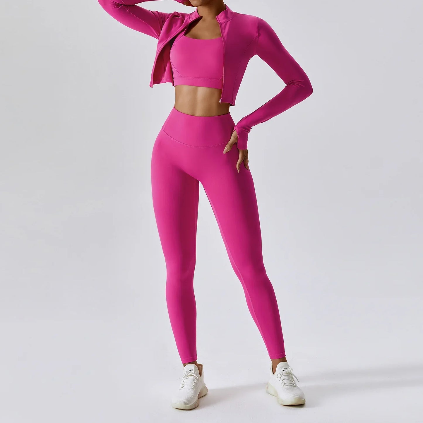 3PCS Women’s Yoga & Workout Set – Long Sleeve Zipper Top with High Waist Leggings Fitness Sportswear