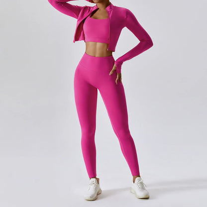 3PCS Women’s Yoga & Workout Set – Long Sleeve Zipper Top with High Waist Leggings Fitness Sportswear