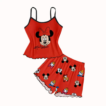 Women’s Disney Mickey & Minnie Pajama Set - Cute Cartoon Strap Top & Shorts Home Sleepwear