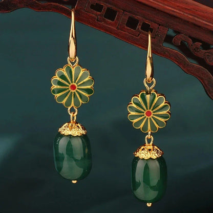 Vintage Flower Drop Earrings - Natural Stone Ethnic Jewelry for Women