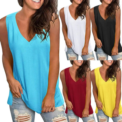 Plus Size Women's V-Neck Tank Top - Loose Sleeveless Solid Color Casual Tee