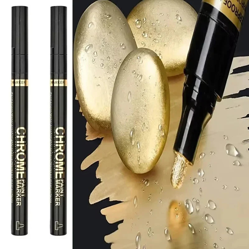 Chrome Paint Marker Pen - Waterproof Gold & Silver Metallic Repair Marker for Glass, Ceramic, Rock & Metal, 2mm Nib