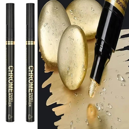 Chrome Paint Marker Pen - Waterproof Gold & Silver Metallic Repair Marker for Glass, Ceramic, Rock & Metal, 2mm Nib