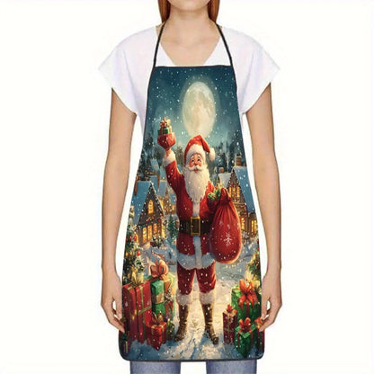 Christmas Apron – Santa Claus Snow Village Design with Moon, Festive Baking Apron for Holiday Cooking