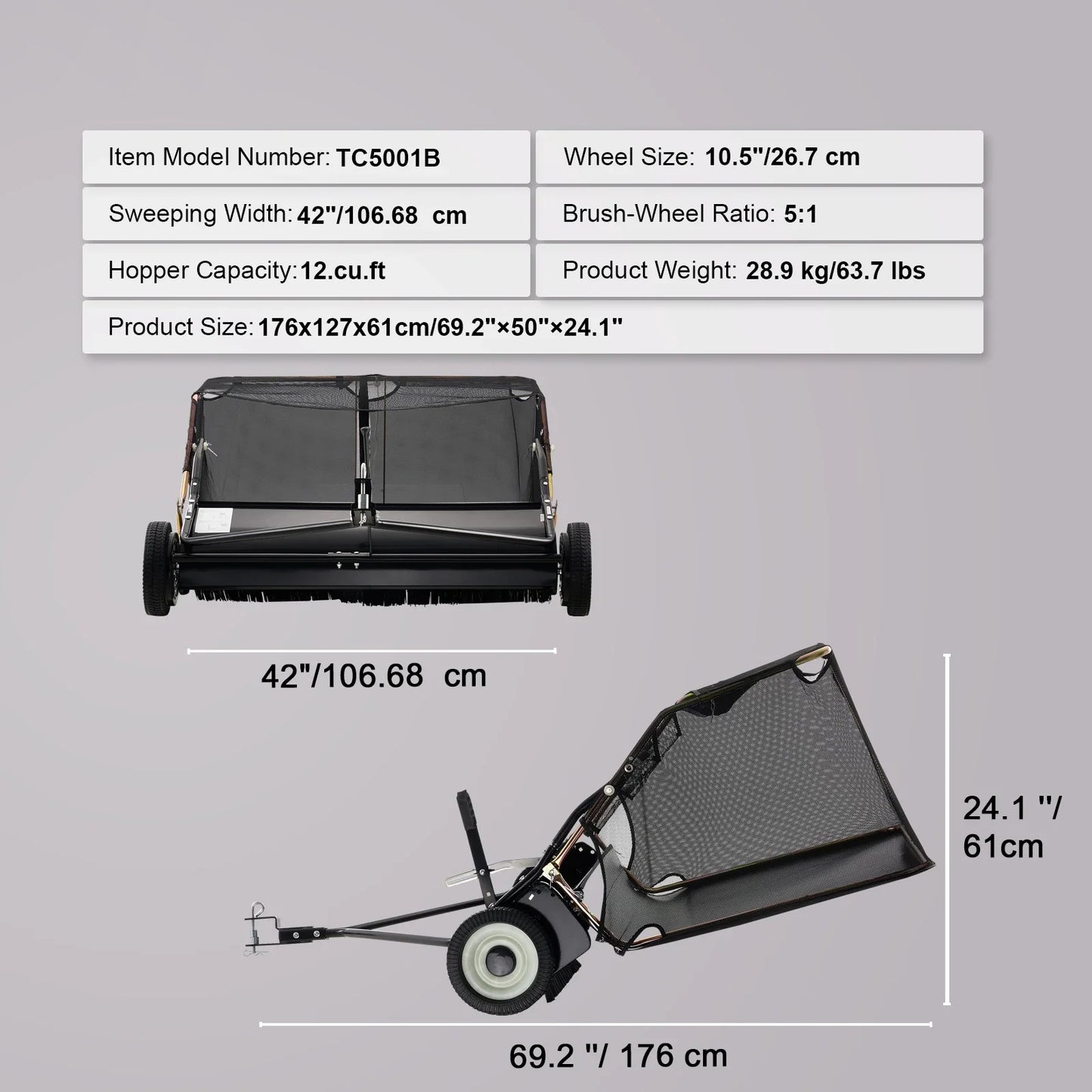 SucceBuy 52 Inch Lawn Sweeper - Heavy Duty Tow Behind Leaf and Grass Collector with 26CuFt Hopper