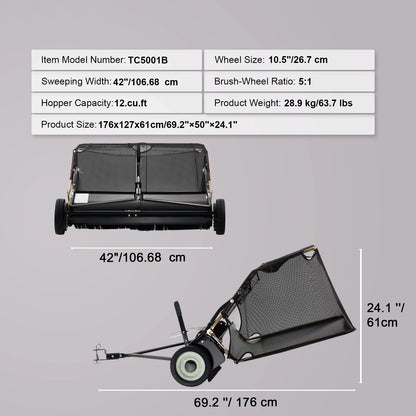 SucceBuy 52 Inch Lawn Sweeper - Heavy Duty Tow Behind Leaf and Grass Collector with 26CuFt Hopper