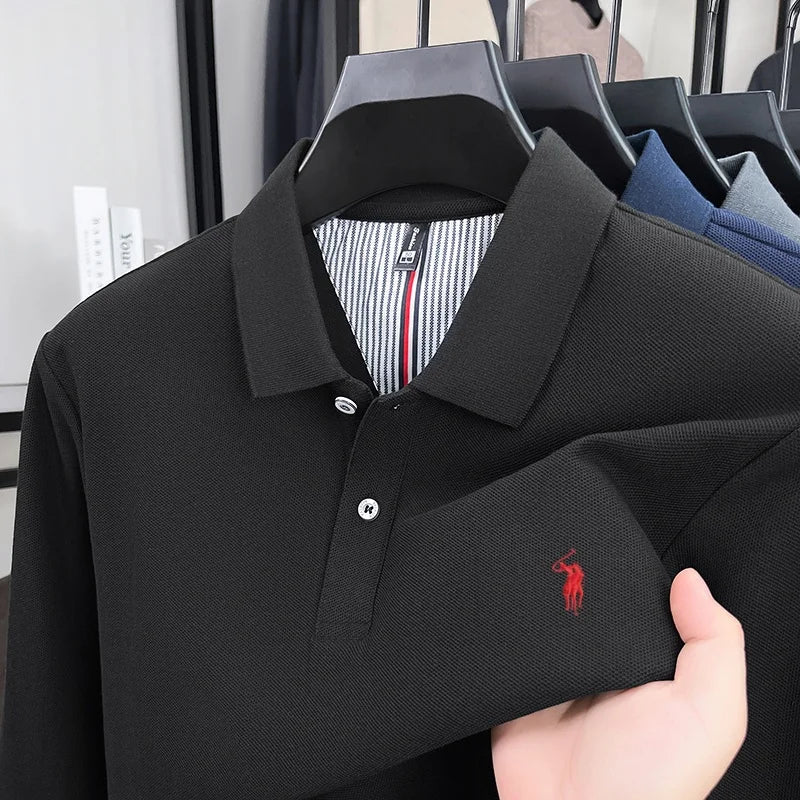 Men's 100% Cotton Long Sleeve Polo Shirt - Embroidered Business Casual Fashion Polo
