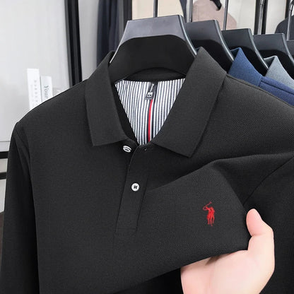 Men's 100% Cotton Long Sleeve Polo Shirt - Embroidered Business Casual Fashion Polo
