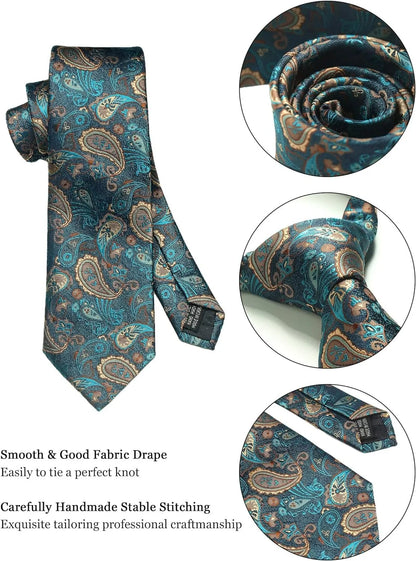 100% Silk Paisley Floral Necktie Set for Men - Premium Business Tie with Pocket Square Tie Clip Cufflinks Gift Box