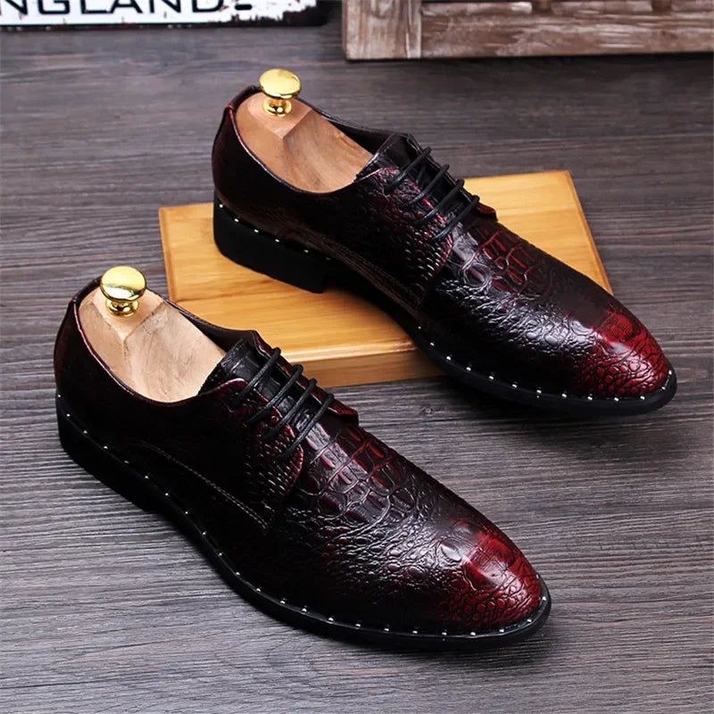 Men’s Alligator Grain Leather Oxford Shoes - Pointed Toe Lace-Up Business & Casual Dress Shoes for Office and Formal Wear