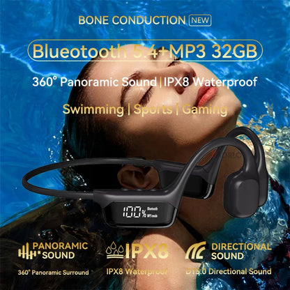 Bone Conduction Bluetooth 5.4 Headphones – Wireless IPX8 Waterproof Earphones for Swimming & Sports with MP3 Player, 32GB Storage