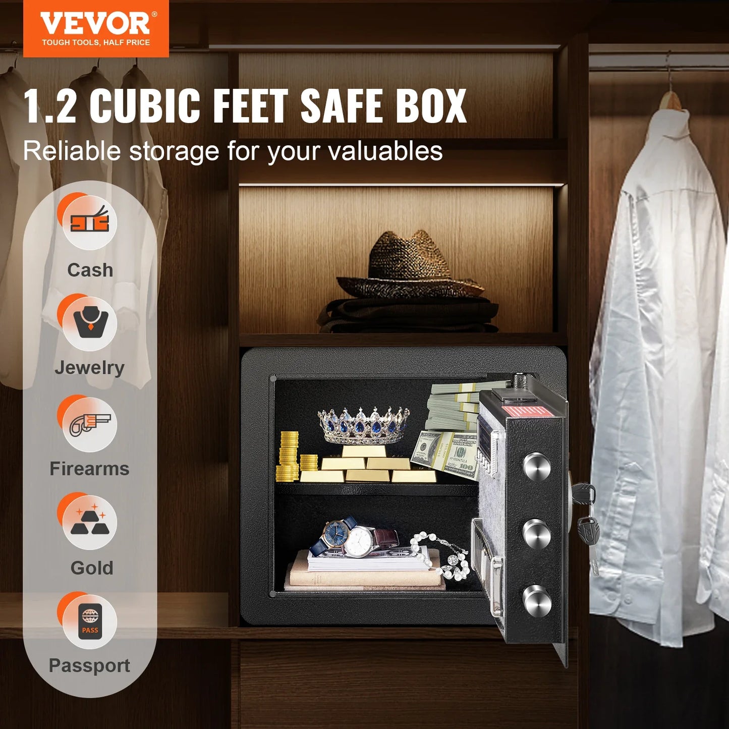 SucceBuy Electronic Safe Deposit Box — 1.2/0.5 Cubic Feet Digital Safe with Override Keys for Money, Jewelry, and Documents