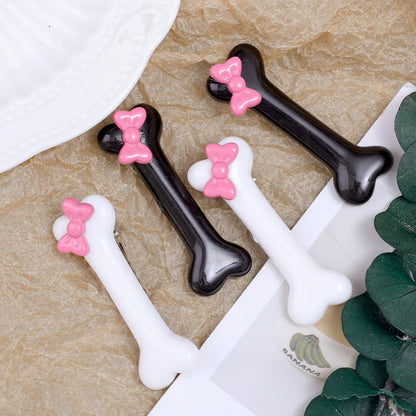 Kawaii Bow Dog Bone Hair Clips – Cute Black & White Bone Hairpins for Girls, Duckbill Barrettes Accessories