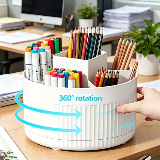 360° Rotating Pen Holder - 5 Compartment Large Capacity Desk Organizer for Pens, Rulers & Office Storage