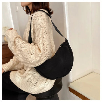 Solid Color Women's Portable Shoulder Bag – Simple Nylon Cloth Padded Crossbody Travel Purse & Messenger Bag