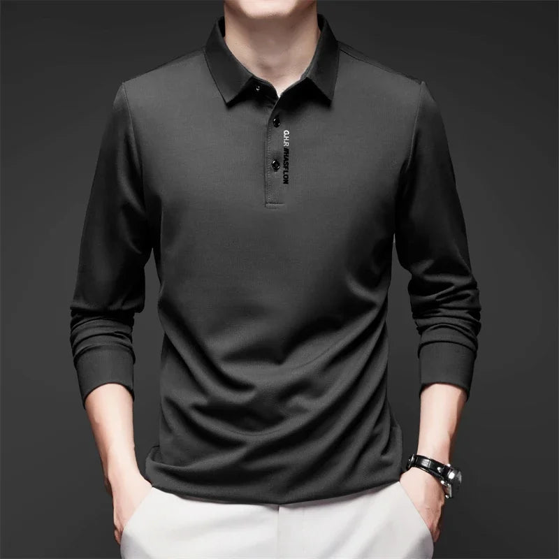 Men's Business Casual Polo Shirt - Long Sleeve Solid Color Top with Badge Detail