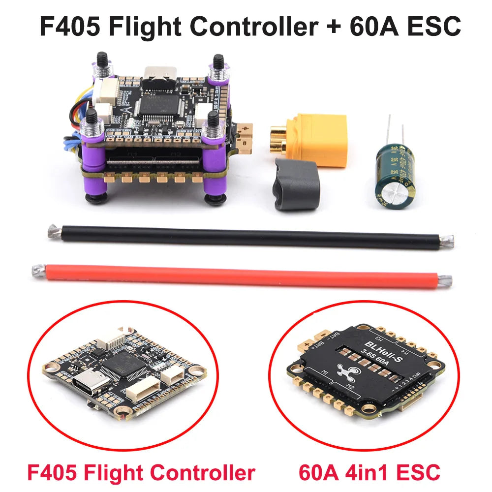 F405/F405HD & F7/F722 Flight Controller Stack with F4 V3S Plus FC + 60A 4-in-1 BLHeli_S ESC – 30.5×30.5mm for RC FPV Racing Drone