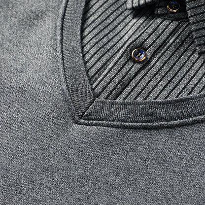 Men's Fleece Lined Polo Sweater - Fake Two-Piece Thick Winter Business Casual Pullover Top