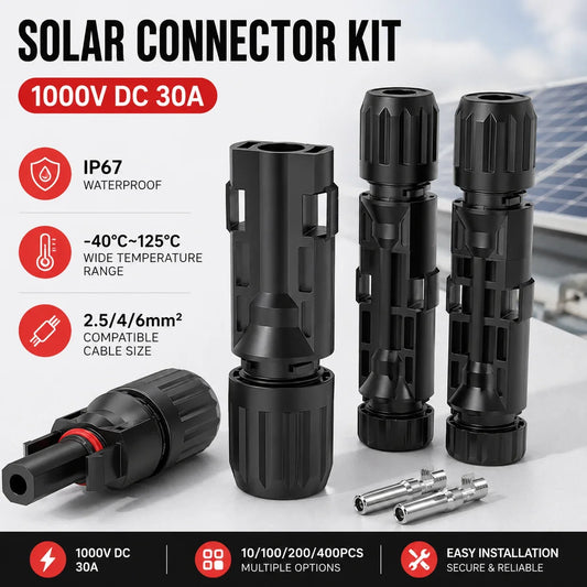 Solar PV Connector Kit - 1000V DC 30A Waterproof Plug Connectors for MC4 Cable Wiring