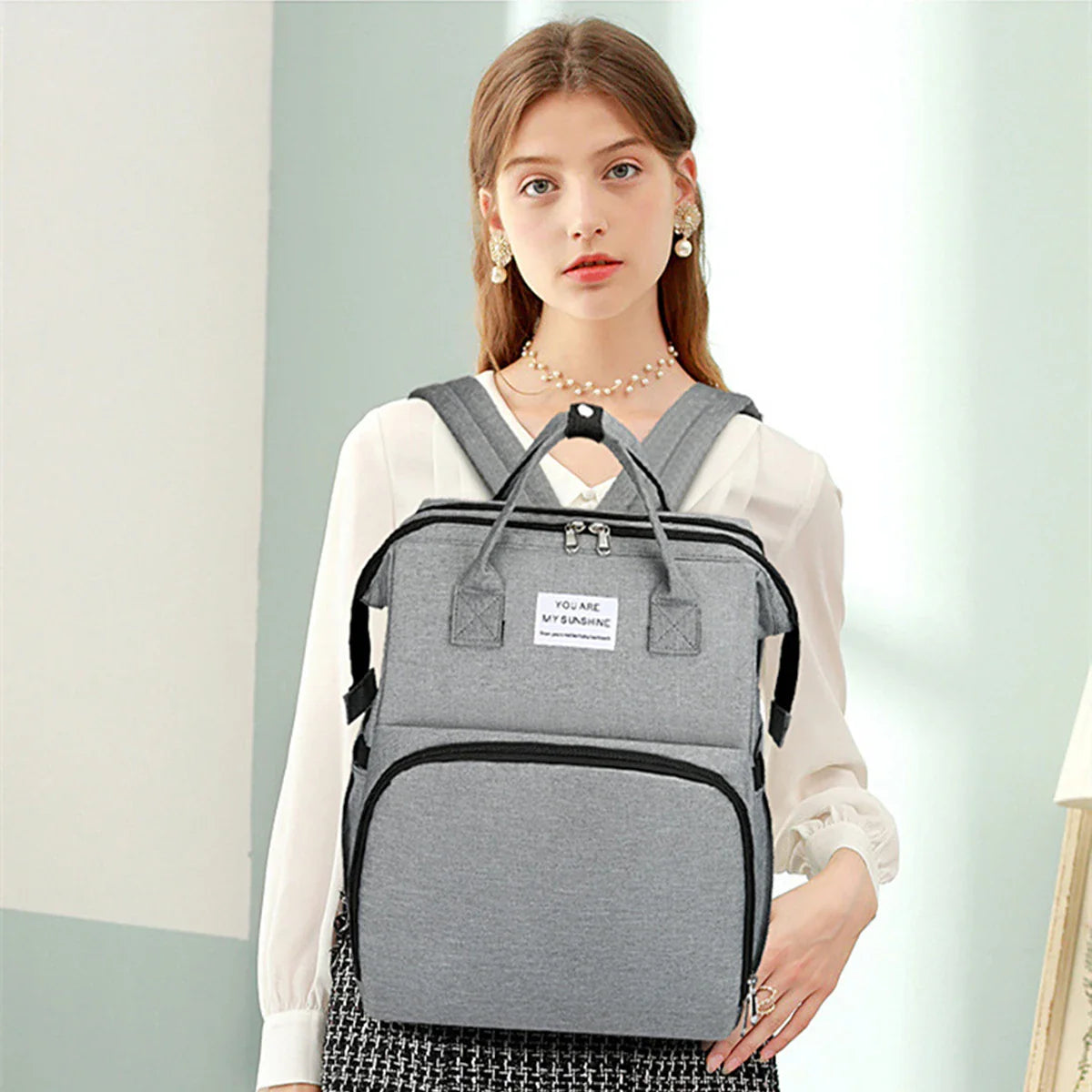 Foldable Diaper Bag with Changing Station – Large Capacity Mommy Backpack with Insulated Pocket, Multifunctional Baby Travel Bag with Bed & Double Shoulder Straps