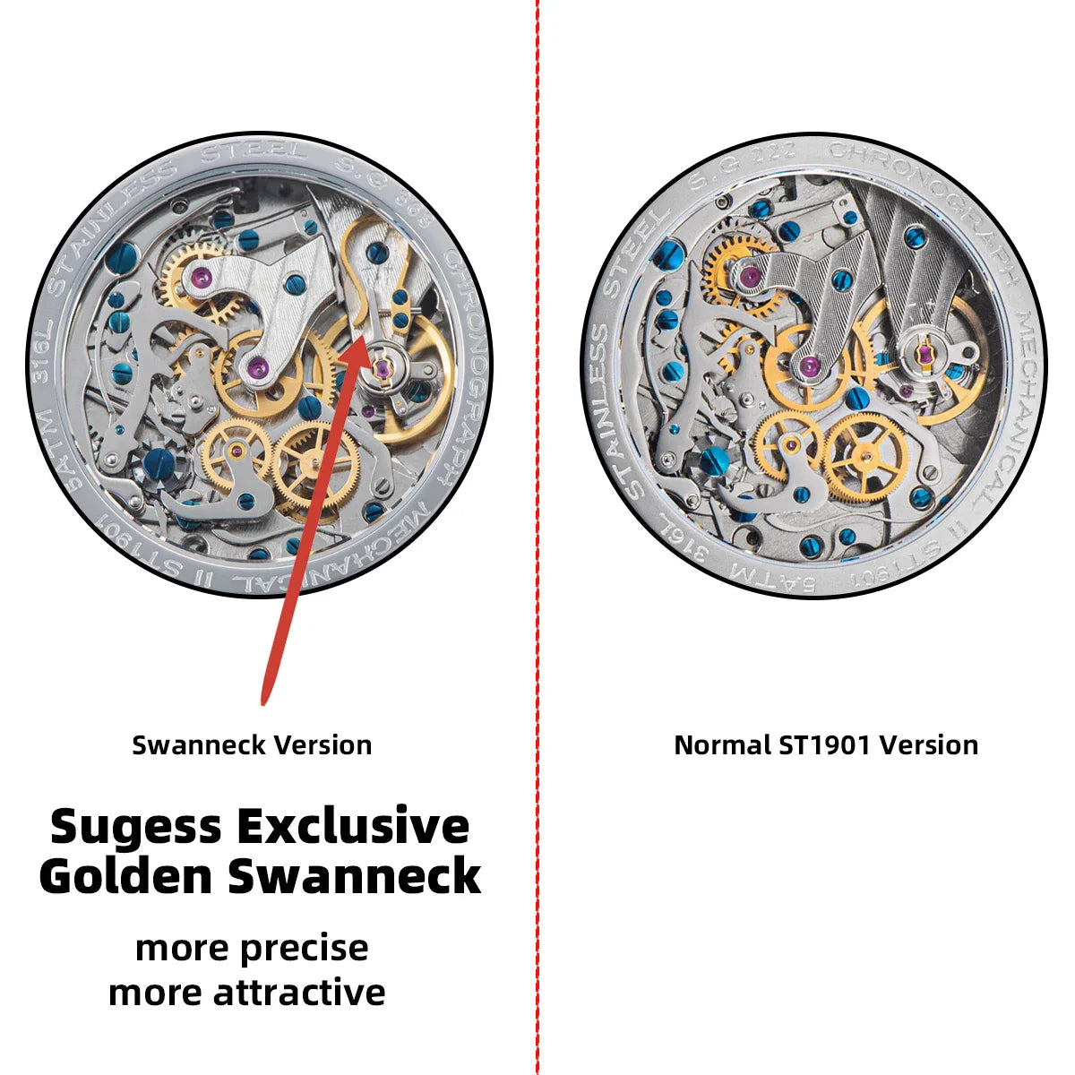 Sugess Men's Chronograph Mechanical Watch – Seagull ST19 Swan Neck Movement with Sapphire Crystal Racing V2