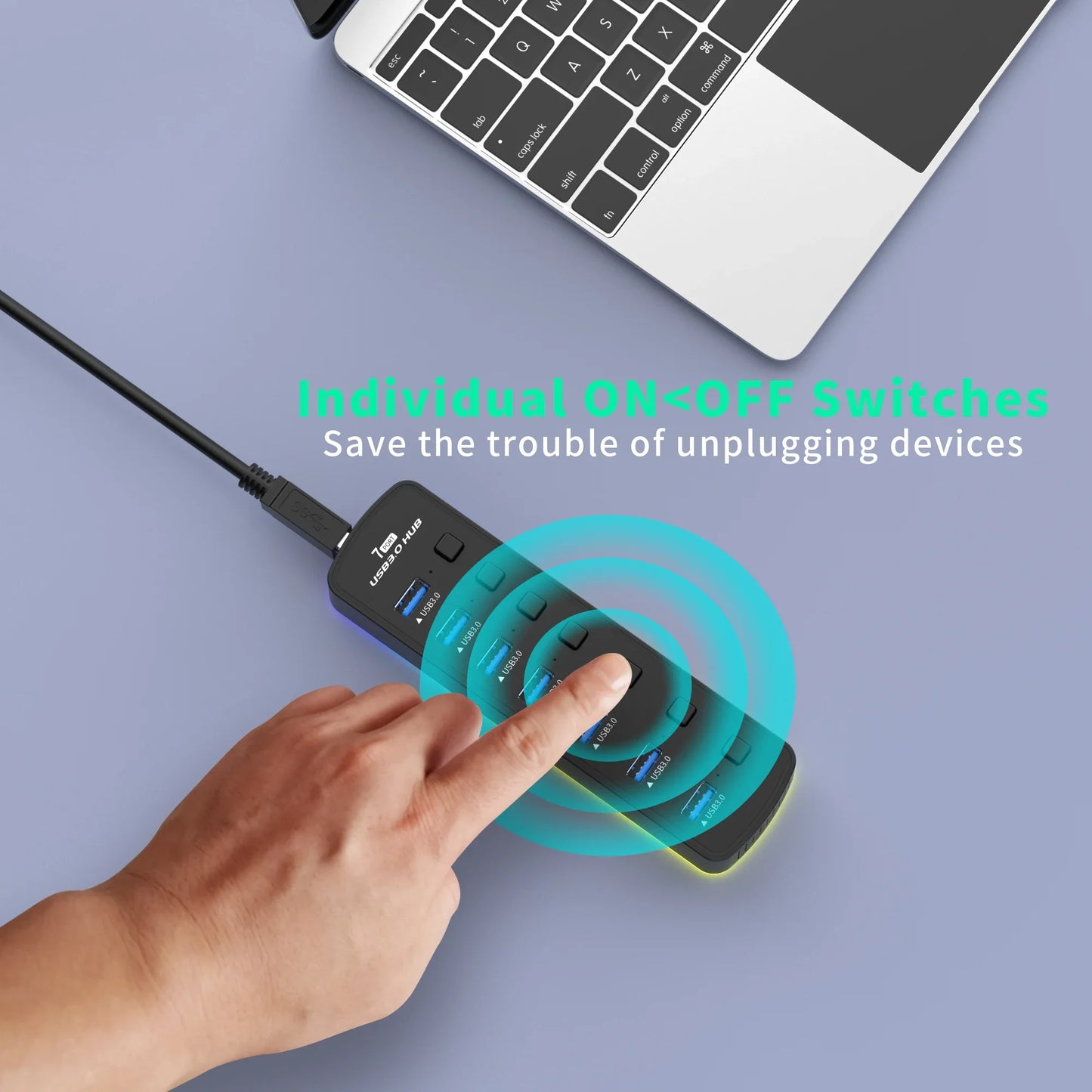 RGB 7-Port USB 3.0 Hub – 5Gbps Data Splitter with Individual On/Off Switch for Laptop & PC Gaming