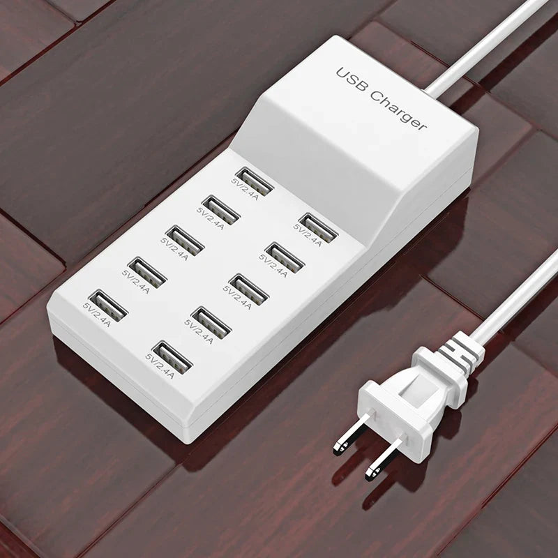 10-Port USB Charging Hub - 5V High-Speed Desktop Charger Strip for Home, Office & Travel