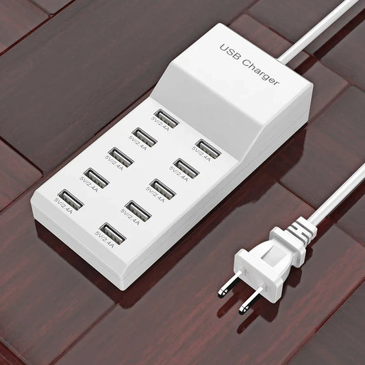 10-Port USB Charging Hub - 5V High-Speed Desktop Charger Strip for Home, Office & Travel