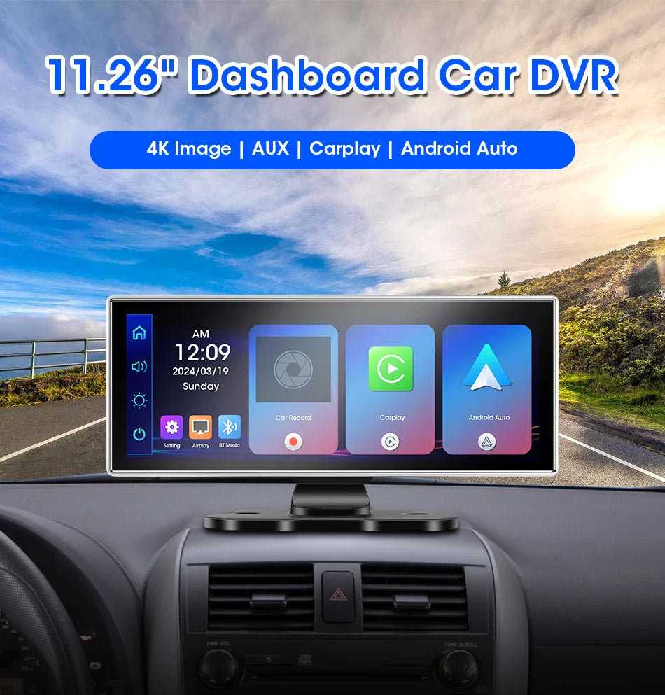 10/11.26" 4K Dash Cam — Dual Lens Car DVR with Wireless CarPlay, Android Auto, GPS & WiFi Video Recorder