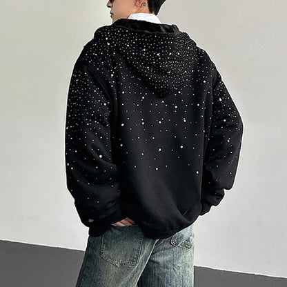 Men’s Faux Fur Patchwork Hoodie - Diamond Design Zip-Up Sweater with Loose Fit