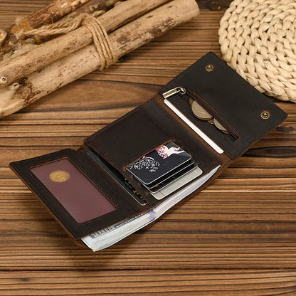 Men’s Genuine Leather Short Wallet with Chain – Trifold Zipper Clutch, Card Holder & Coin Purse