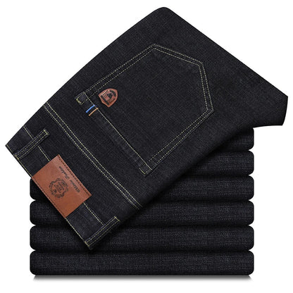 Men's Classic Stretch Jeans - Business Casual Straight Leg Denim Work Trousers in Blue & Black