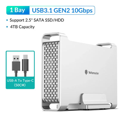 Yottamaster 1/2 Bay RAID Hard Drive Enclosure — 2.5"/3.5" SATA SSD/HDD External Case USB 3.1 Type-C 10Gbps, Supports Up to 2×16TB