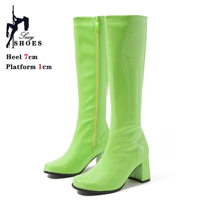 Women’s 7cm Retro Gogo Boots - 60s 70s Knee-High Square Heel Party Boots with Zip Size 44-45
