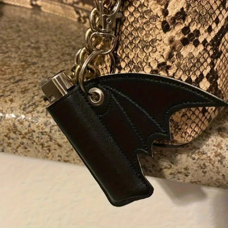 Bat Lip Balm Holder Keychain - PU Leather Wing Design Punk Style Accessory