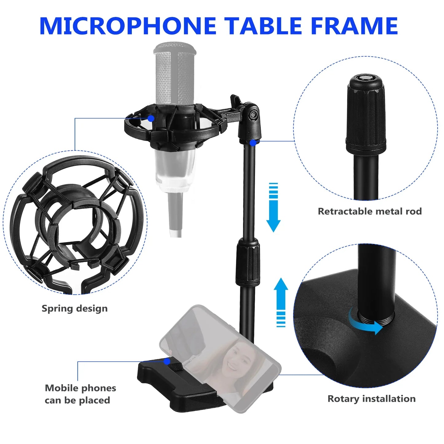 Retractable Desktop Microphone Stand - Adjustable Desk Mic Holder Clip for Live Streaming, Recording & Broadcasting