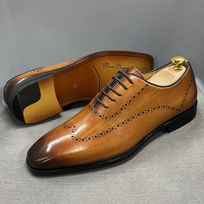 Men’s Genuine Calf Leather Oxford Shoes - Luxury Wingtip Lace-Up Business Brogue Dress Shoes