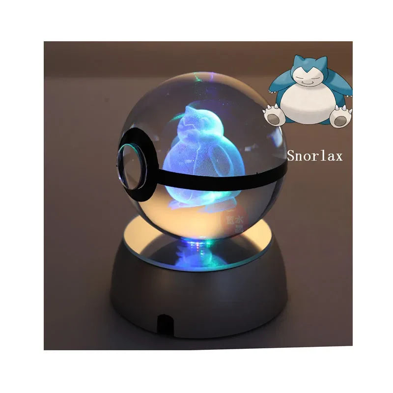 Anime Pokemon 3D Crystal Ball – Snorlax & Charizard Engraved Pokeball Figure with LED Light Base, Kids Gift