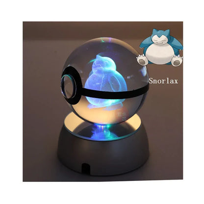 Anime Pokemon 3D Crystal Ball – Snorlax & Charizard Engraved Pokeball Figure with LED Light Base, Kids Gift
