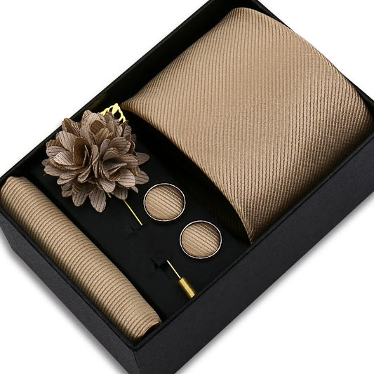 Men's Solid Color Tie Set - Jacquard Necktie, Hanky, Cufflinks & Brooch Gift Box for Weddings