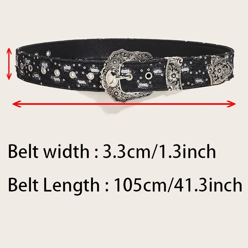Rhinestone Buckle Belt - Retro Ripped Denim Punk Rock Fashion Accessory for Men & Women