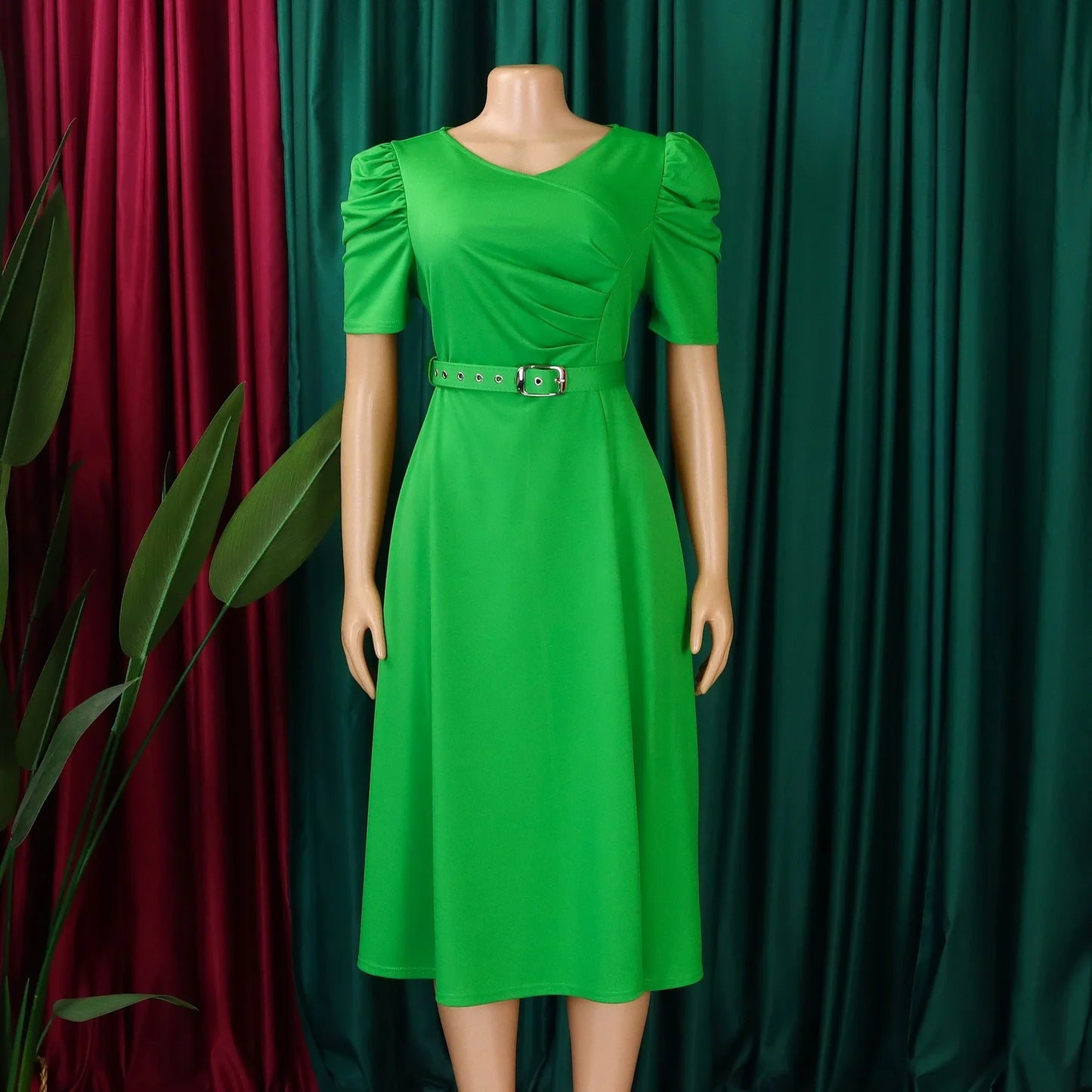 Women's Elegant V-Neck Party Dress - Pleated Mid-Calf Belted Dinner Dress