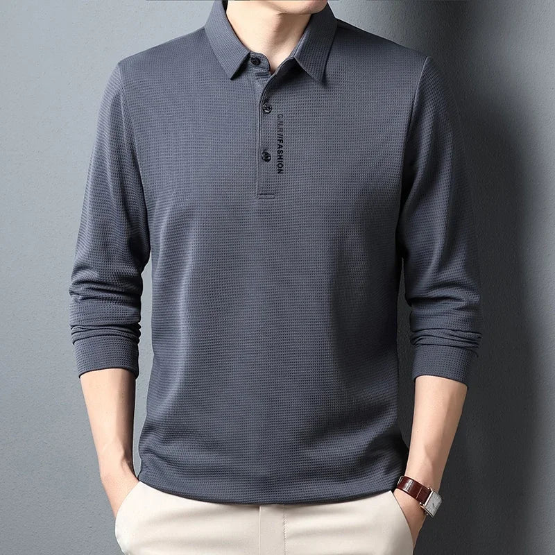 Men's Waffle Long Sleeve Polo Shirt - Letter Print Casual Lapel Top