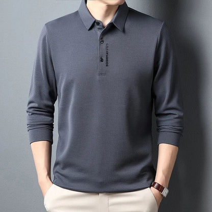 Men's Waffle Long Sleeve Polo Shirt - Letter Print Casual Lapel Top