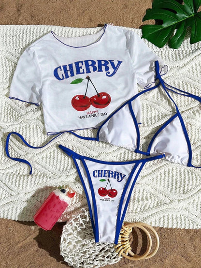 Cherry Print Bikini Set 2026 – Sexy 3-Piece Women’s Swimwear, Fresh Style Beach Bathing Suit, Available in 7 Colors (S–XL)