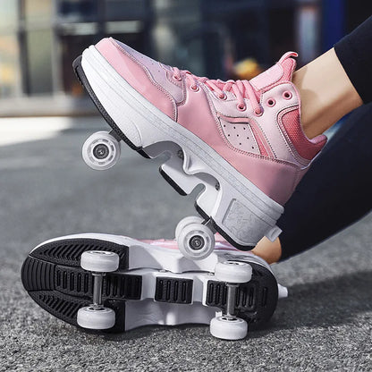 Dual Purpose Roller Skates Shoes - Adjustable Double Row 4-Wheel Deformation Roller Sneakers for Kids & Teens Size 33-44